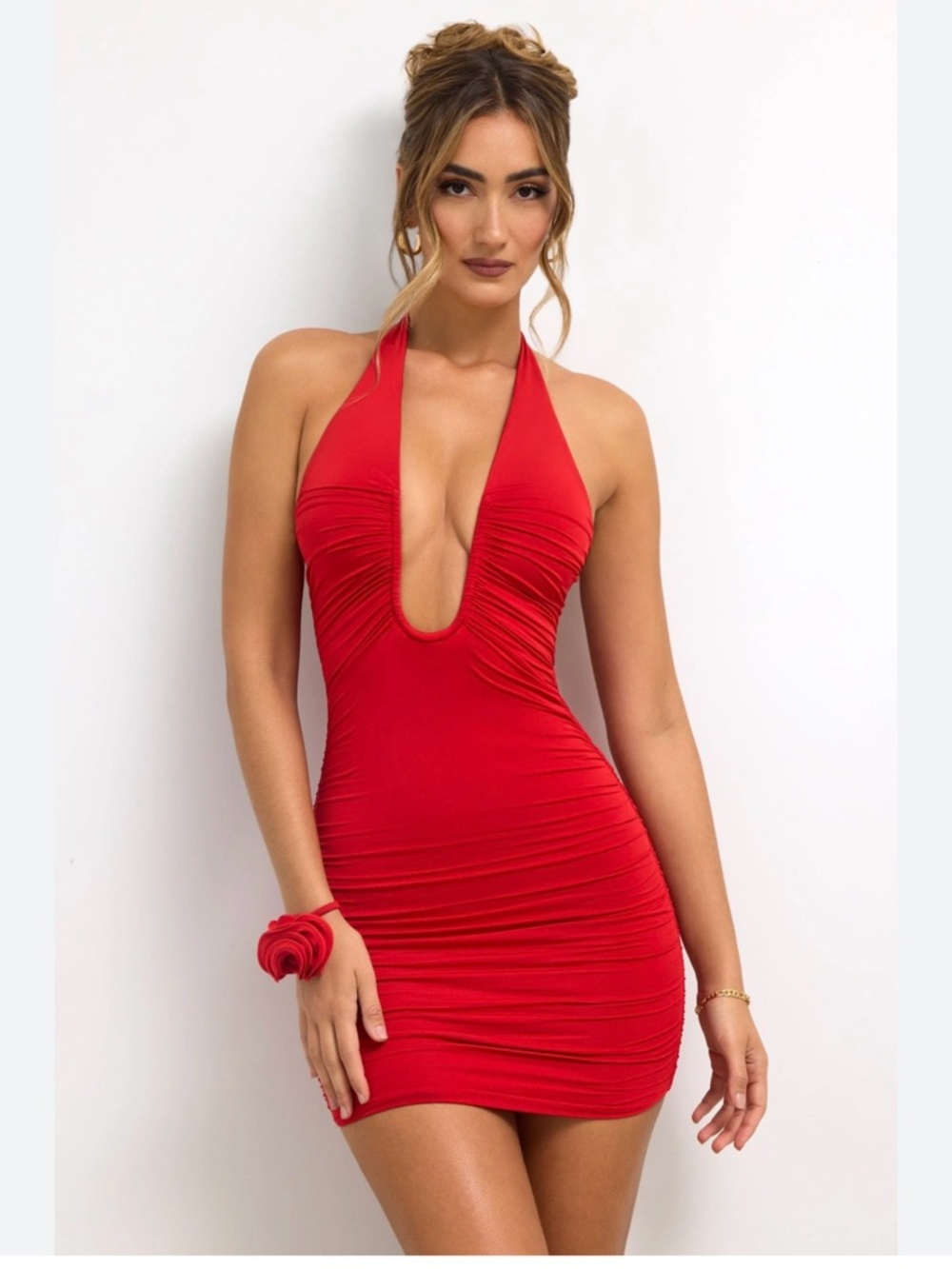 Oh Polly Red Halter Ruched Mini Dress. - Picture 5 of 7